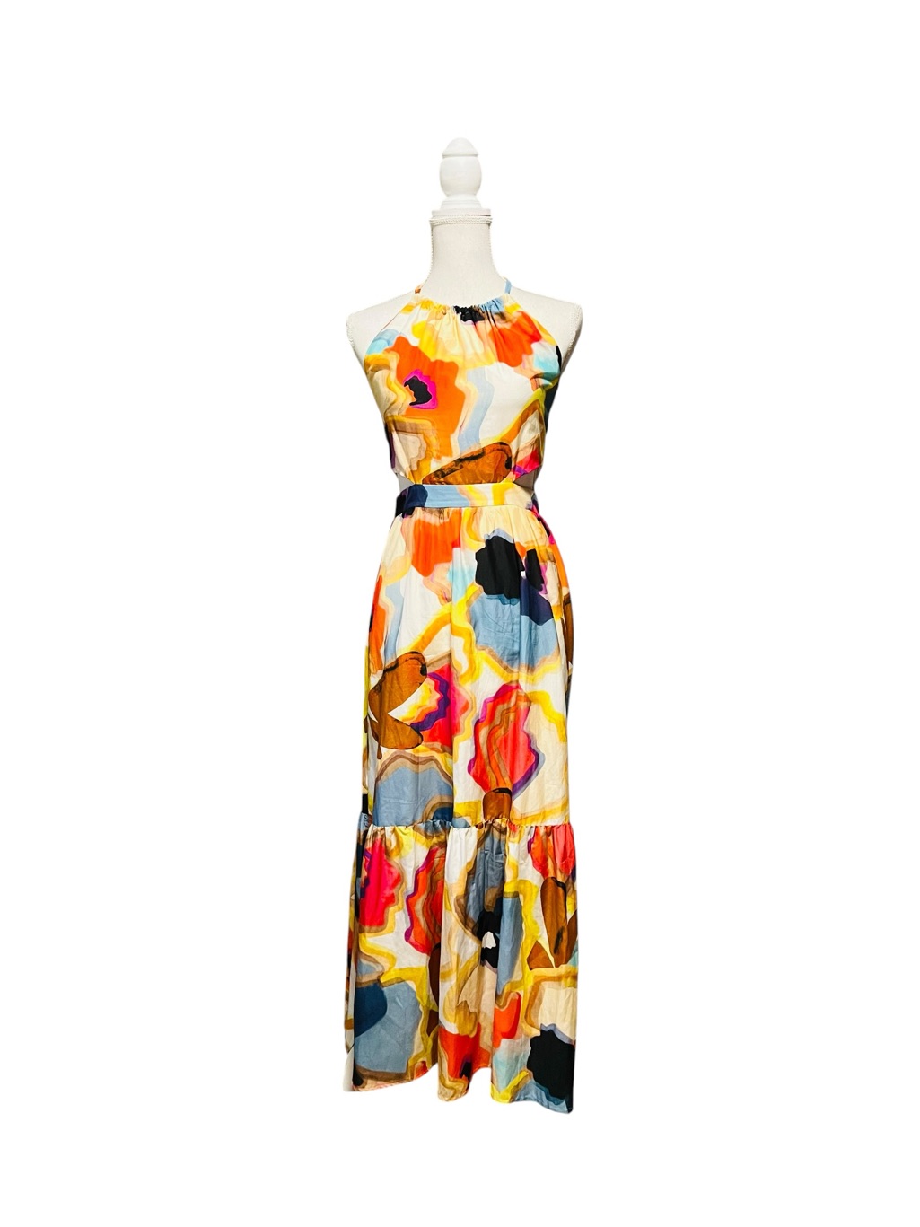 Marella Multicolor Abstract Halter Maxi Side Cutout Dress - Cream Base Size 4